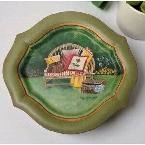 Mary Kay Crowley Wood Painted Garden Bench Art Plate Cottage Tam Sar Design READ